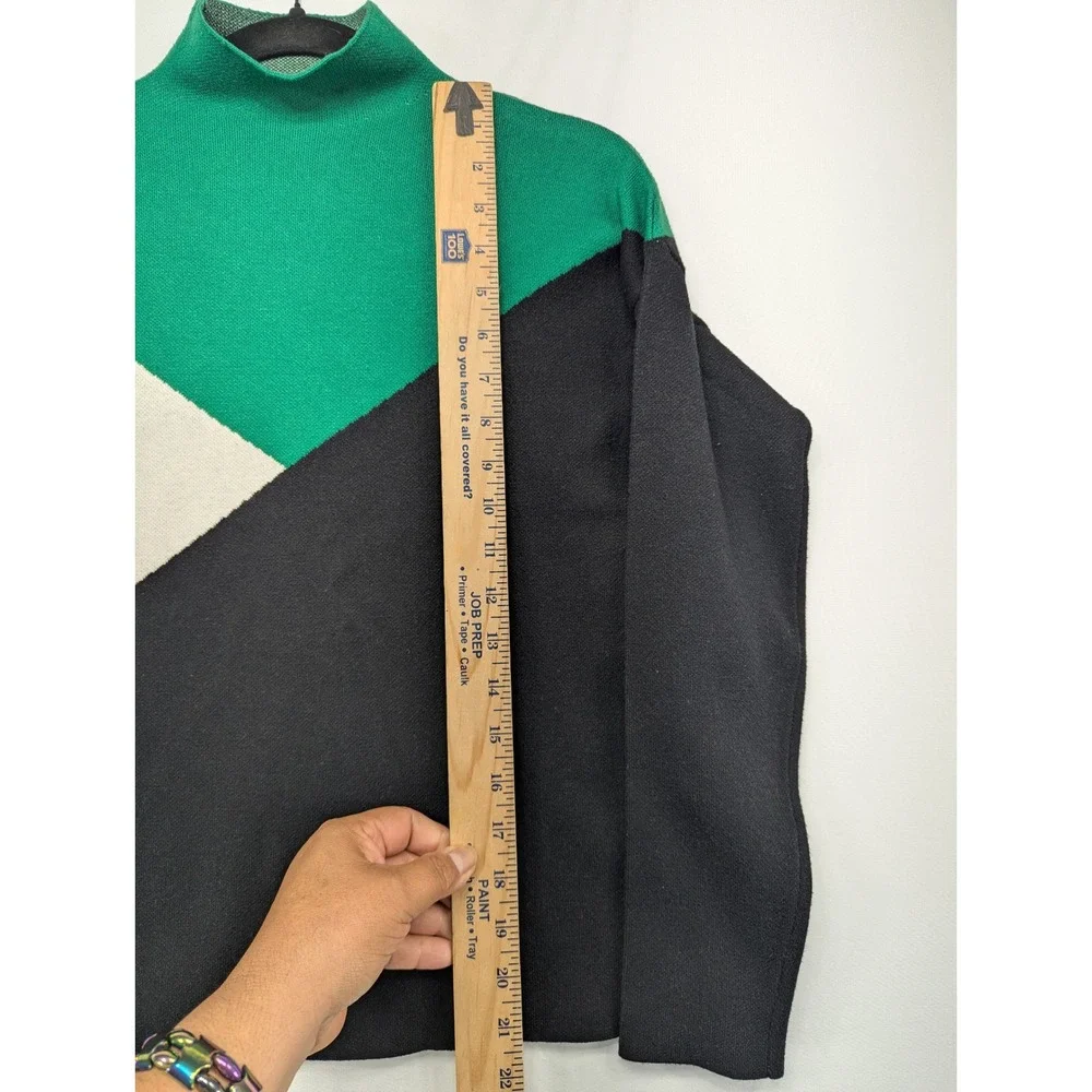 Tahari Womens Green Black Colorblock‎ Mock Neck Geometric Knit Sweater Small